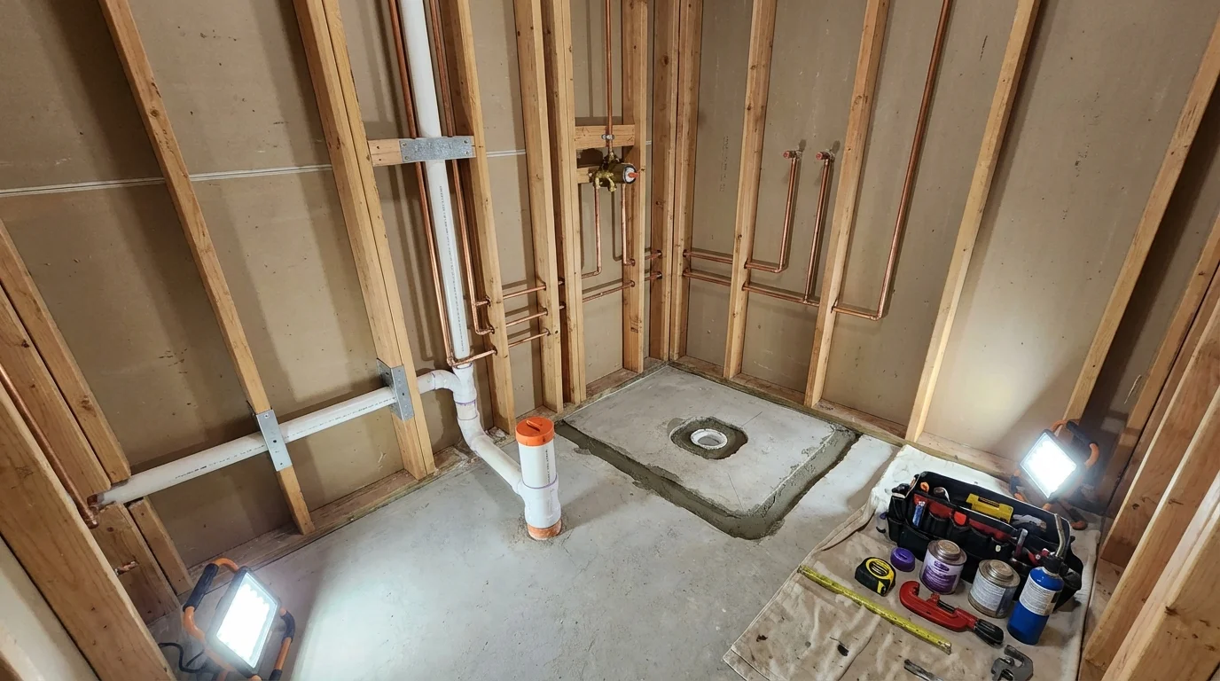 Bathroom rough-in plumbing during remodel by Johns Plumbing LLC in Wanatah