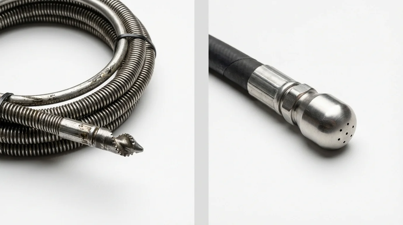 Drain snake cable and hydro jetting nozzle used for drain cleaning in Wanatah, IN