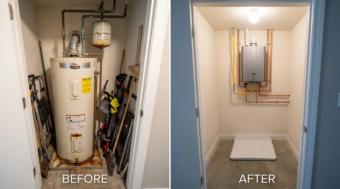 Tank water heater versus wall-mounted tankless unit comparison for Wanatah, IN homeowners