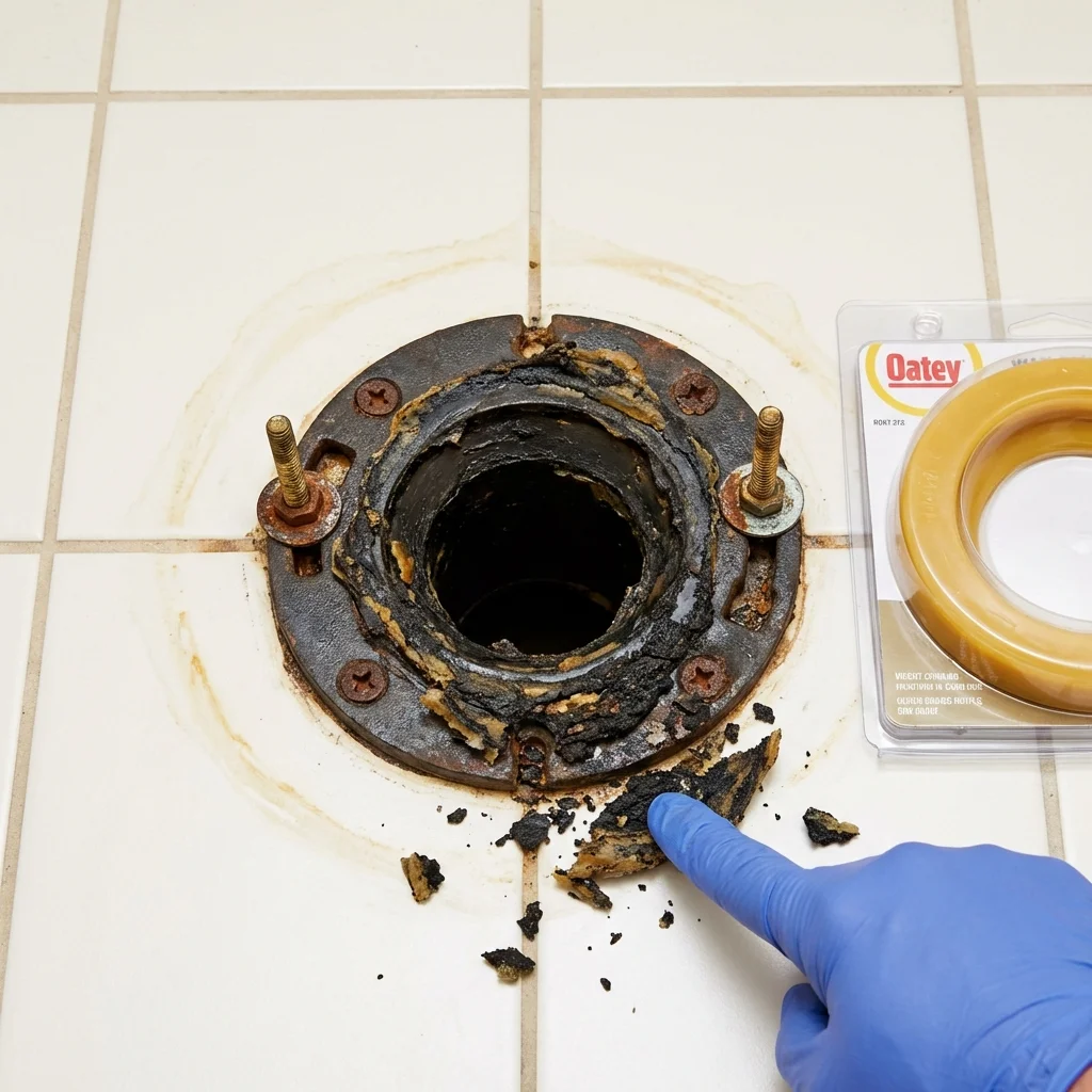 Failed wax ring showing water seepage at the base of a toilet in a Wanatah, IN home