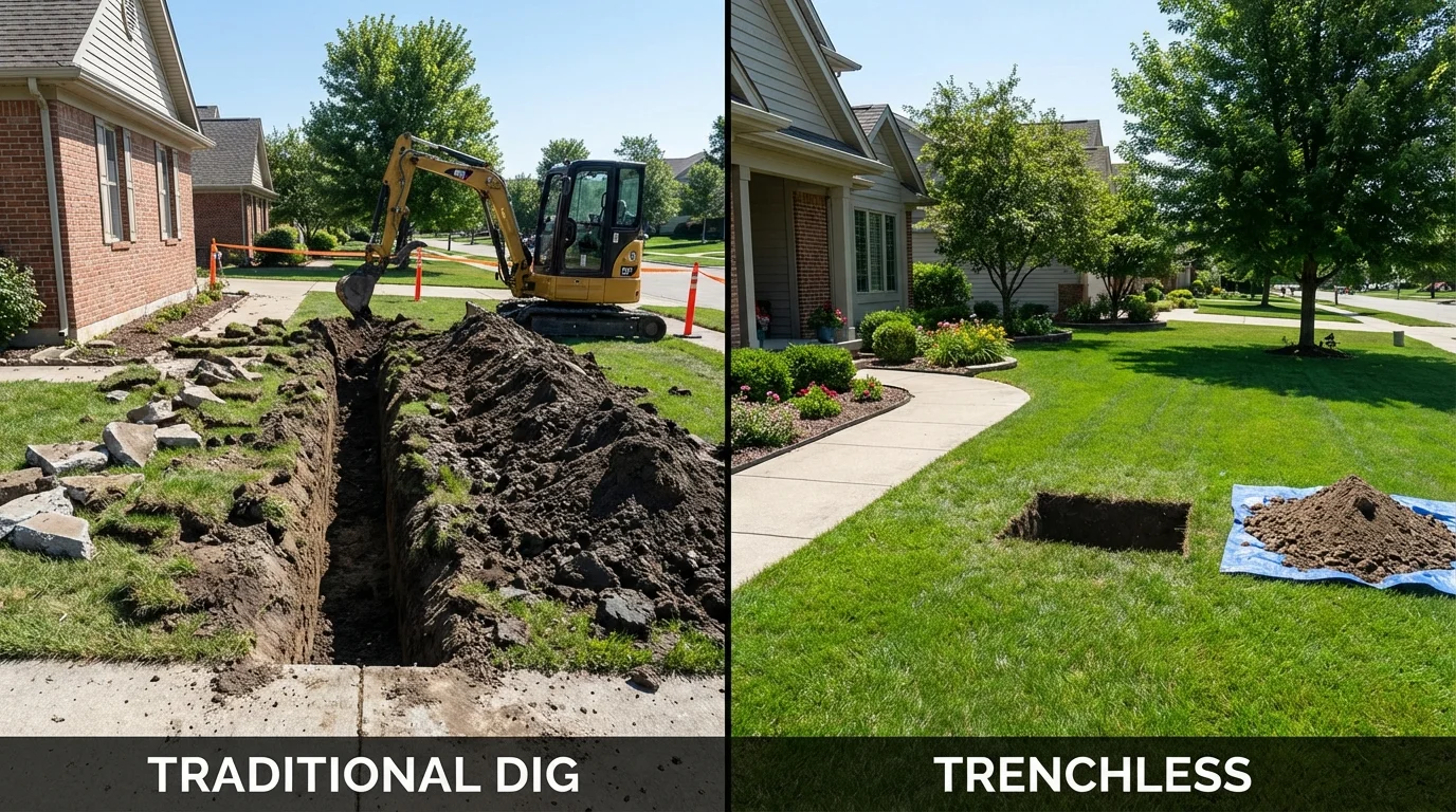 Trenchless sewer repair with minimal yard damage versus traditional excavation in Wanatah, IN