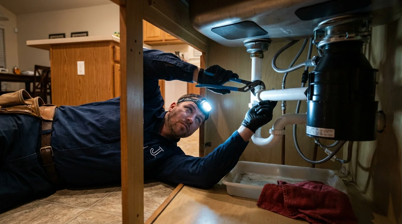 P-trap and supply line connections under a kitchen sink showing a common leak point in Wanatah, IN